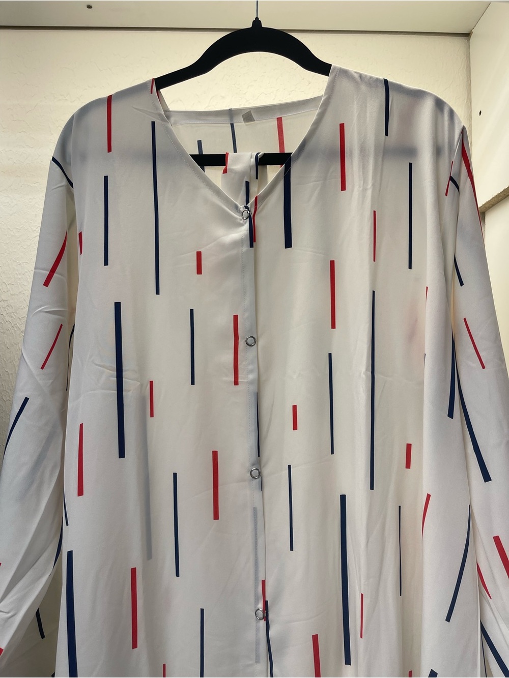 Women’s Lightweight White Button-Front Jacket with Red & Navy Stripe Print